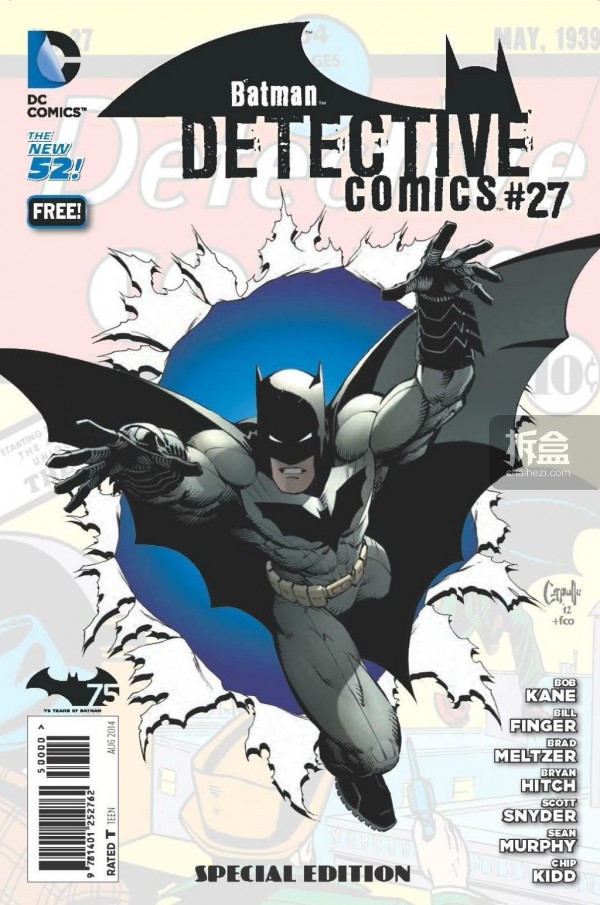 DC公布DETECTIVE COMICS #27免费纪念刊封面，首次把Batman合创者Bill Finger的名字署到封面上。