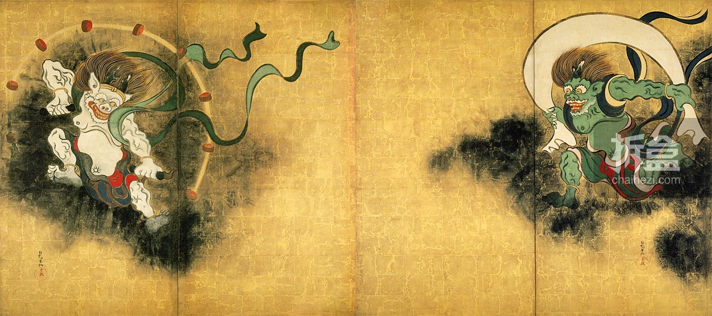 日本江户时代画家 尾形光琳所绘《风神雷神屏风图》，左为雷神、右为风神。 日本古代艺术创作中，风神描绘成鬼的姿态，背著一个大袋子，而雷神则为手持鼓锤。