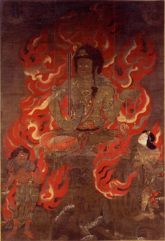 日本醍醐寺不动明王 日本人认为不动明王能避免火灾，造型通常为全身蓝色，右手持智慧剑，左手拿金刚索，周身火焰。